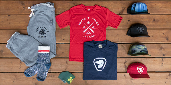 Parks Canada official merchandise laid out on a dock.