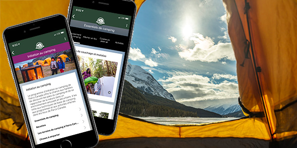 Photo d’un paysage du parc national Yoho prise de l’intérieur d’une tente, sur laquelle est apposée une image de deux téléphones affichant l’application de Parcs Canada.
