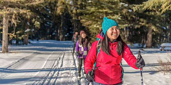 Cross-country skiing at Tunnel Mountain campground trails in Banff National Park.